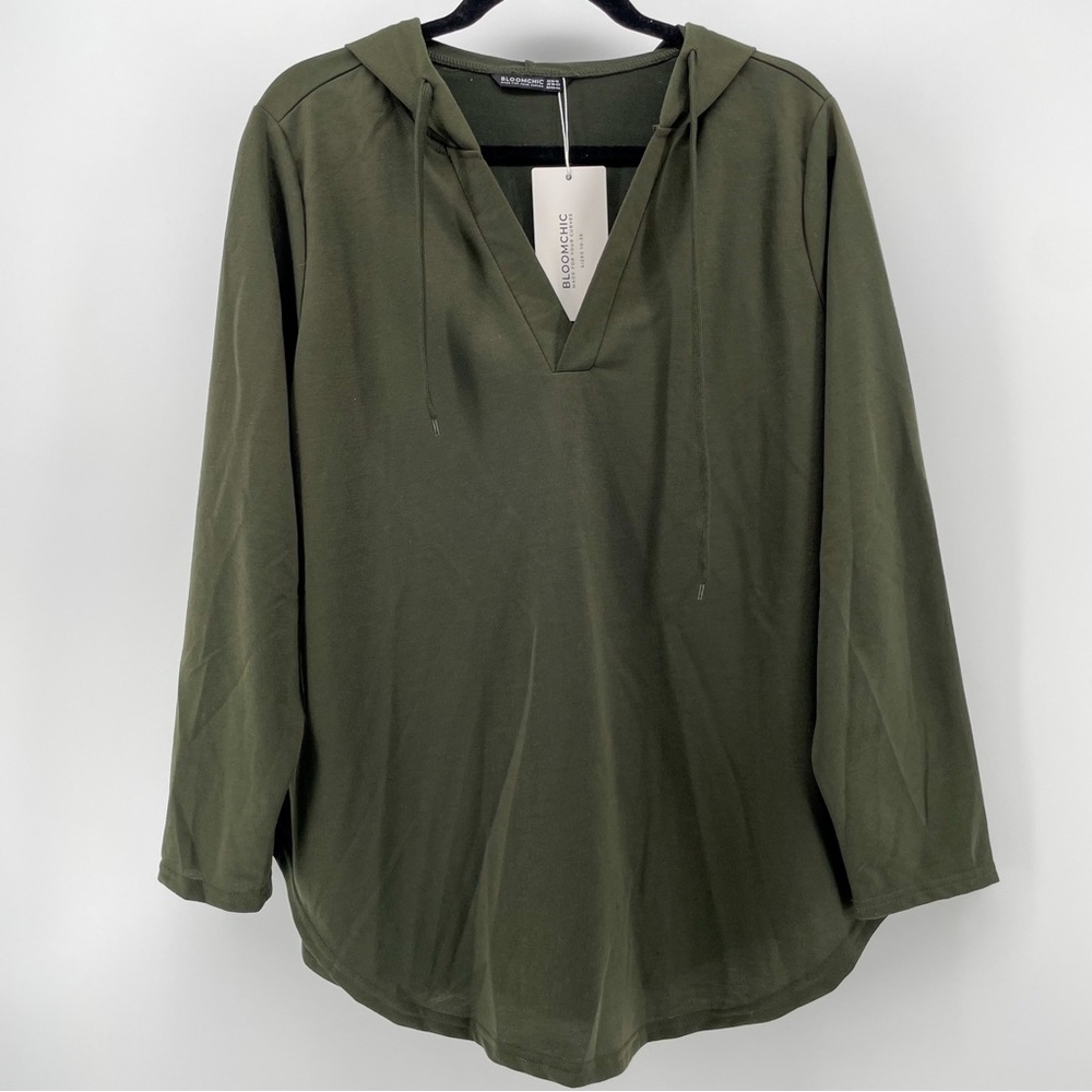 BloomChic Women’s Hooded Sweatshirt Olive Green V-Neck Tunic 14/16 New